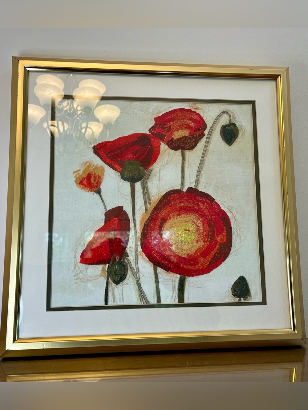 Poppies Thread Painting - Embroidery, Framed Contemporary Art, MCM Vibes
